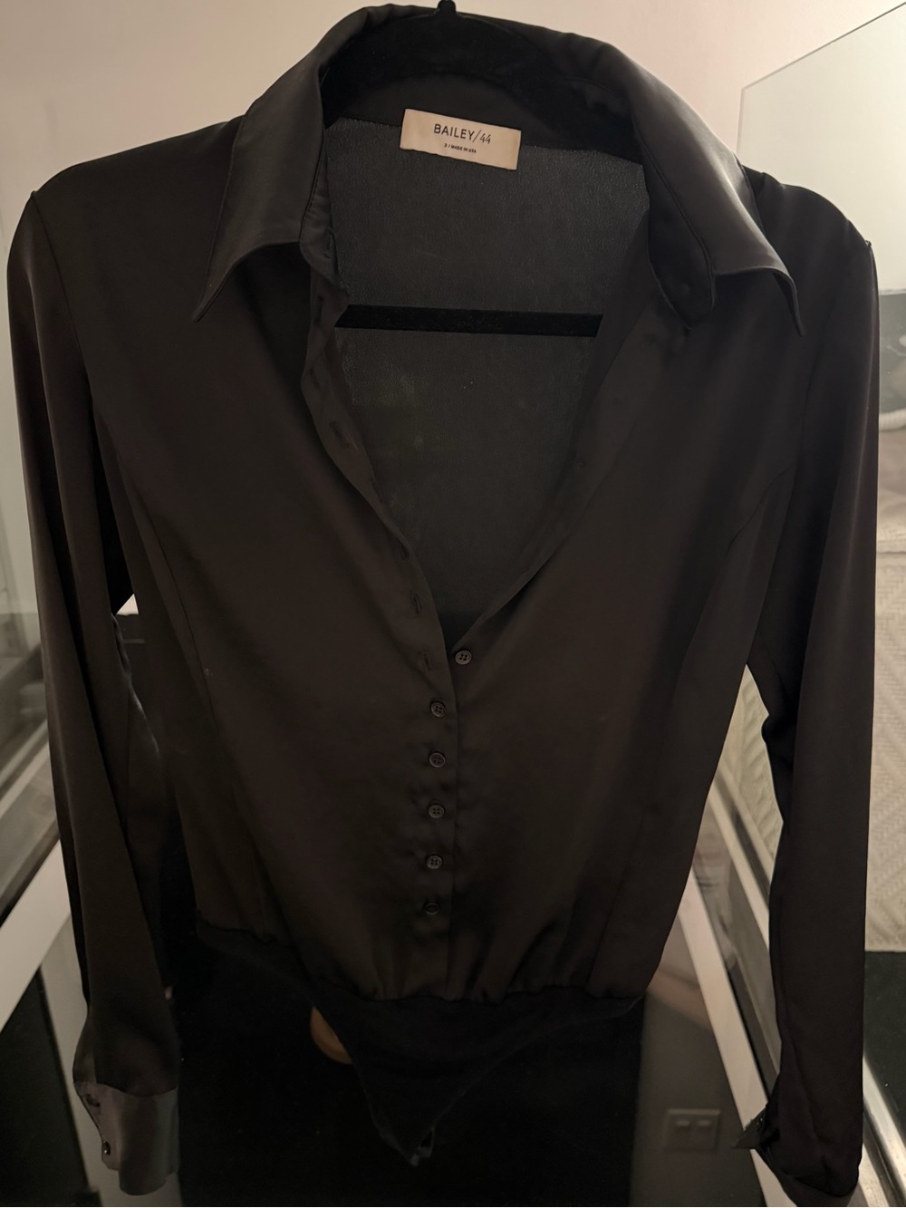 Bailey 44 Black Satin Button-Front Bodysuit Blouse